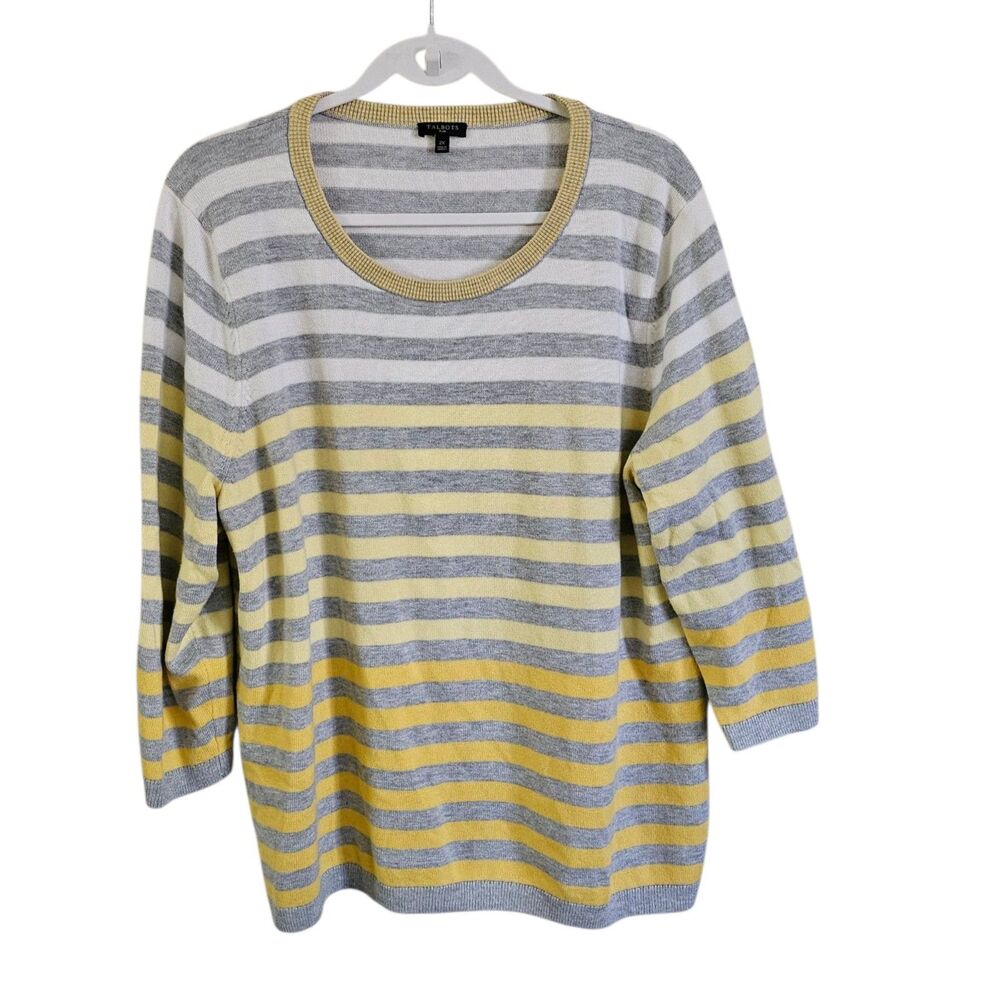 Talbots Sweater 2X Ombre‎ Stripe Yellow Gray White 3/4 Sleeve Preppy Crew Neck
